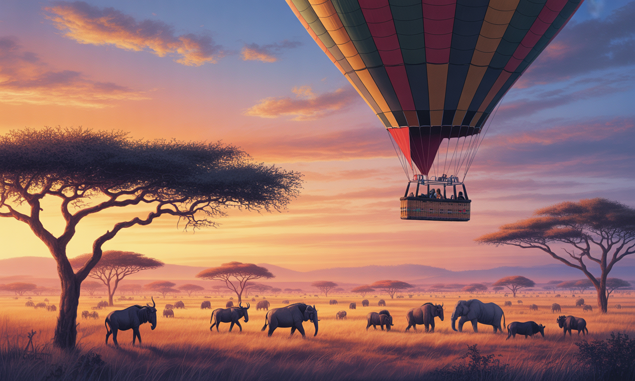 vivez une expérience unique avec un safari en montgolfière au-dessus des savanes kenyannes : émerveillez-vous devant la faune sauvage et des paysages majestueux, pour un voyage inoubliable et éthéré au cœur de la nature africaine.