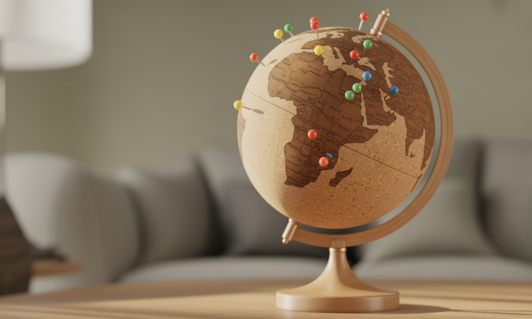 découvrez un globe en liège unique pour épingler vos souvenirs de voyage et personnaliser votre décoration intérieure avec élégance.