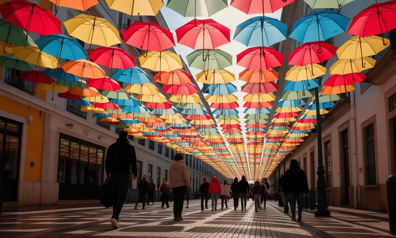 découvrez les célèbres parapluies colorés d'agueda au portugal, une véritable symphonie visuelle qui transforme les rues en œuvres d'art vibrantes et enchantées.