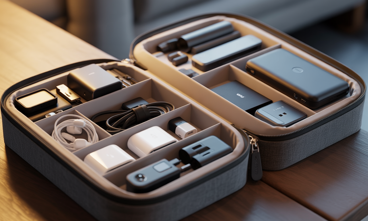 découvrez notre organisateur de voyage pratique qui regroupe tous vos accessoires électroniques en un seul endroit pour des déplacements sans stress et parfaitement organisés.